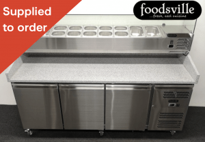 NEW Foodsville 2025mm 3 Door Refrigerated Pizza Prep Granite Counter, On Wheels - Includes G/N Containers!