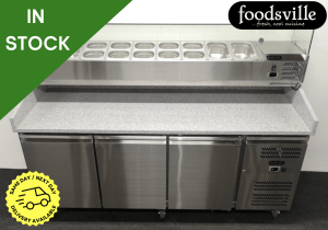 NEW Foodsville 2025mm 3 Door Refrigerated Pizza Prep Granite Counter, On Wheels - Includes G/N Containers!