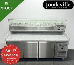 NEW Foodsville 2025mm 3 Door Refrigerated Pizza Prep Granite Counter, On Wheels - Includes G/N Containers!