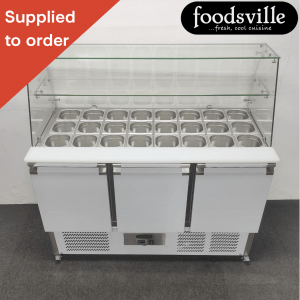 NEW Foodsville 1365mm Refrigerated 3 Door Curved Glass Prep Counter, On Wheels - Complete with Gastronorm Containers!