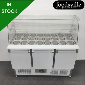 NEW Foodsville 1365mm Refrigerated 3 Door Curved Glass Prep Counter, On Wheels - Complete with Gastronorm Containers!