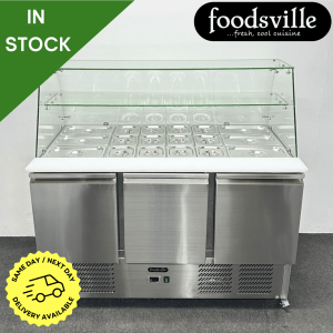 NEW Foodsville 1365mm 3 Door Curved Glass Prep Counter Fridge, On Wheels - Complete With Gastronorm Containers!