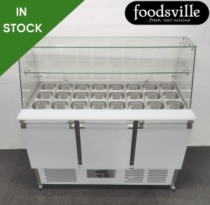 NEW Foodsville 1365mm Refrigerated 3 Door Curved Glass Prep Counter, On Wheels - Complete with Gastronorm Containers!