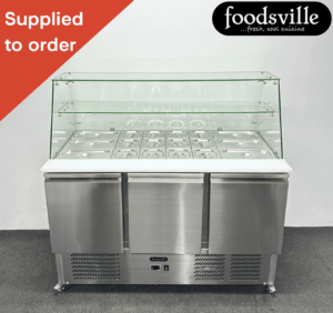 NEW Foodsville 1365mm 3 Door Curved Glass Prep Counter Fridge, On Wheels - Complete With Gastronorm Containers!