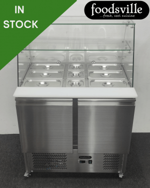 NEW Foodsville 900mm Refrigerated 2 Door Curved Glass Prep Display Counter, On Wheels - Includes Gastronorm Containers!