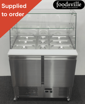 NEW Foodsville 900mm Refrigerated 2 Door Curved Glass Prep Display Counter, On Wheels - Includes Gastronorm Containers!