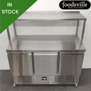 NEW Foodsville 1370mm 3 Door Flat Top Counter Fridge With Heavy Duty Overshelf, On Wheels