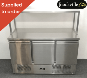 NEW Foodsville Lite 1370mm 3 Door Flat Top Counter Fridge With Heavy Duty Overshelf, On Wheels