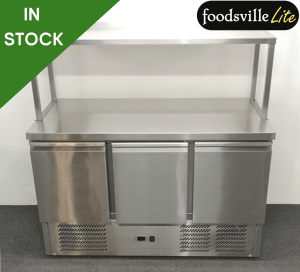 NEW Foodsville Lite 1370mm 3 Door Flat Top Counter Fridge With Heavy Duty Overshelf, On Wheels
