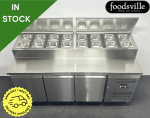 NEW Foodsville 1795mm 3 Door Prep Counter Fridge, On Wheels - Includes G/N Containers!