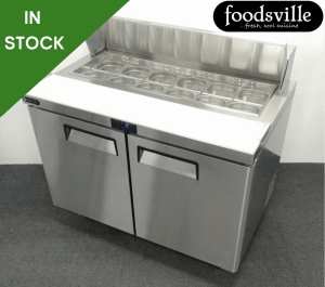 NEW Foodsville 1230mm 2 Door Refrigerated Prep Saladette, With Cutting Board, On Wheels - Includes G/N Containers!