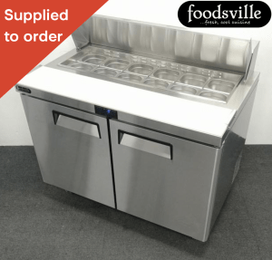 NEW Foodsville 1230mm 2 Door Refrigerated Prep Saladette, With Cutting Board, On Wheels - Includes G/N Containers!