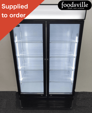 NEW Foodsville 1120mm Upright Double Glass Fronted Refrigerated Display Fridge, On Wheels