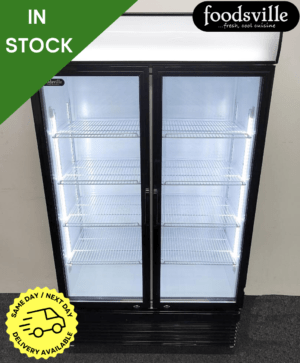 NEW Foodsville 1120mm Upright Double Glass Fronted Refrigerated Display Fridge, On Wheels