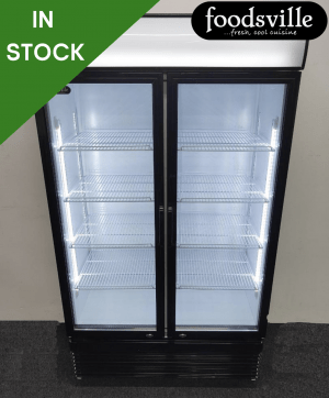 NEW Foodsville 1120mm Upright Double Glass Fronted Refrigerated Display Fridge, On Wheels