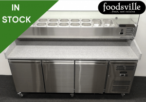 NEW Foodsville 2025mm 3 Door Refrigerated Pizza Prep Granite Counter, On Wheels - Includes G/N Containers!