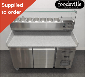 NEW Foodsville 1510mm 2 Door Refrigerated Pizza Prep Granite Counter, On Wheels - Includes G/N Containers!