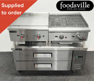 FOODSVILLE COMBINATION: NEW Gas Griddle & Gas Chargrill On CHILLED Double Drawer Chef Base
