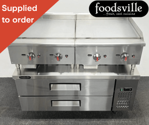 FOODSVILLE COMBINATION: 2 x NEW Gas Griddle On CHILLED Double Drawer Chef Base