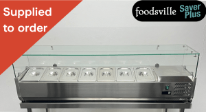 NEW Foodsville Saver Plus 1400mm Glass Fronted Refrigerated Toppings Unit & 6 x 1/4 Size Stainless Steel G/N Containers (1500mm Model Shown)