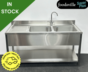 NEW Foodsville Saver Plus 1600mm Stainless Steel Double Bowl Sink With Undershelf - Left Hand Drainer. Includes Taps!