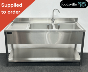 NEW Foodsville Saver Plus 1600mm Stainless Steel Double Bowl Sink With Undershelf - Left Hand Drainer. Includes Taps!