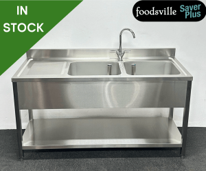 NEW Foodsville Saver Plus 1600mm Stainless Steel Double Bowl Sink With Undershelf - Left Hand Drainer. Includes Taps!