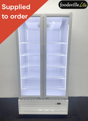 NEW Foodsville Lite 1000mm Upright Double Glass Fronted Display Fridge, On Wheels
