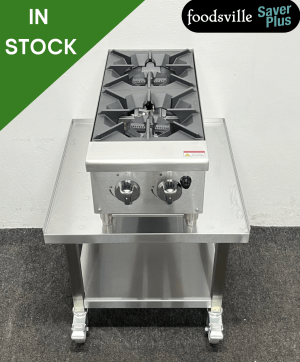 NEW Foodsville Saver Plus Heavy Duty Two Burner Countertop Hob On Mobile Stainless Steel Stand - Available On Natural Gas Or LPG
