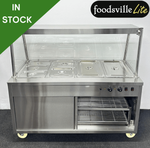 NEW Foodsville Lite 4 x 1/1 GN Wet Well Glass-Fronted Bain Marie & Hot Cupboard With Heated Overgantry, On Wheels - Includes G/N Containers!