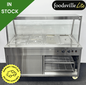 NEW Foodsville Lite 4 x 1/1 GN Wet Well Glass-Fronted Bain Marie & Hot Cupboard With Heated Overgantry, On Wheels - Includes G/N Containers!