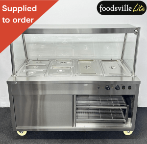 NEW Foodsville Lite 4 x 1/1 GN Wet Well Glass-Fronted Bain Marie & Hot Cupboard With Heated Overgantry, On Wheels - Includes G/N Containers!