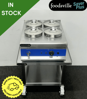 NEW Foodsville Saver Plus 4 Pot Bain Marie With Drain Tap On Mobile Stand - 13 Amp Plug In & Go!