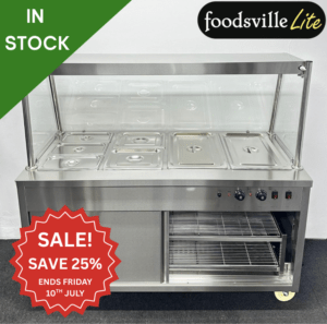 NEW Foodsville Lite 4 x 1/1 GN Wet Well Glass-Fronted Bain Marie & Hot Cupboard With Heated Overgantry, On Wheels - Includes G/N Containers!