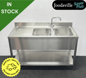 NEW Foodsville Saver Plus 1400mm Stainless Steel Double Bowl Sink With Undershelf - Left Hand Drainer. Includes Taps!