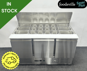 NEW Foodsville Saver Plus 1365mm Stainless Steel 3 Door Refrigerated Saladette - Complete with Gastronorm Containers!