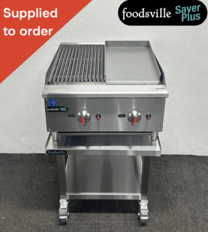 NEW Foodsville Saver Plus 600mm Countertop 1/2 Chargrill 1/2 Griddle On Mobile Stand – Available on Natural Gas or LPG