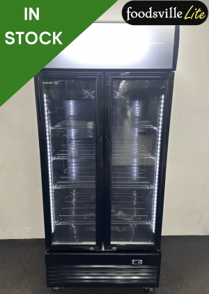 NEW Foodsville Lite 900mm Upright Double Glass Fronted Display Fridge, On Wheels
