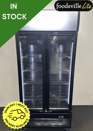 NEW Foodsville Lite 900mm Upright Double Glass Fronted Display Fridge, On Wheels