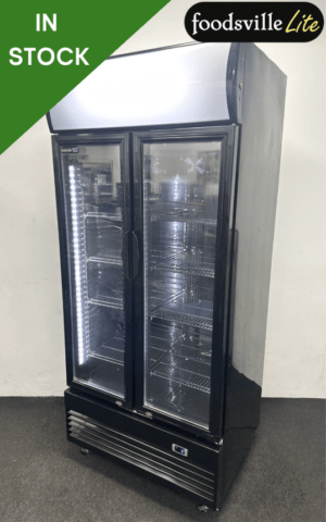 NEW Foodsville Lite 900mm Upright Double Glass Fronted Display Fridge, On Wheels