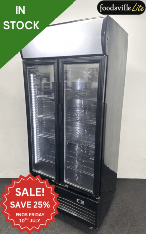 NEW Foodsville Lite 900mm Upright Double Glass Fronted Display Fridge, On Wheels