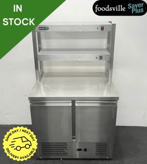 NEW Foodsville Saver Plus 900mm 2 Door Stainless Steel Worktop Fridge With Stainless Steel Double Heated Overgantry