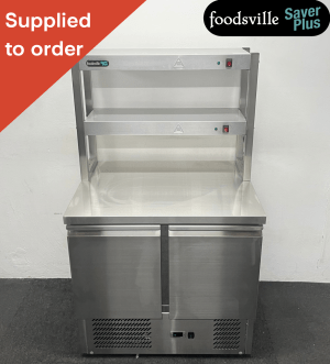 NEW Foodsville Saver Plus 900mm 2 Door Stainless Steel Worktop Fridge With Stainless Steel Double Heated Overgantry