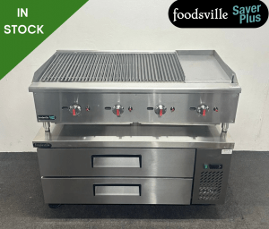 FOODSVILLE COMBINATION: NEW Gas 3/4 Chargrill 1/4 Griddle On Double Drawer CHILLED Chef Base