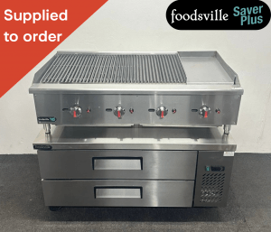 FOODSVILLE COMBINATION: NEW Gas 3/4 Chargrill 1/4 Griddle On Double Drawer CHILLED Chef Base