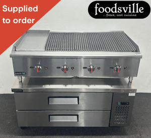 FOODSVILLE COMBINATION: NEW Gas 3/4 Chargrill 1/4 Griddle On Double Drawer CHILLED Chef Base
