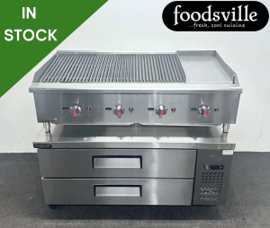 FOODSVILLE COMBINATION: NEW Gas 3/4 Chargrill 1/4 Griddle On Double Drawer CHILLED Chef Base