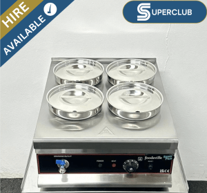 SuperClub Hire: NEW Foodsville Saver Plus 4 Pot Bain Marie With Drain Tap – 13 Amp Plug In & Go!