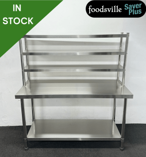 NEW Foodsville Saver Plus 1500mm Stainless Steel Centre Table With Undershelf & Triple Overgantry
