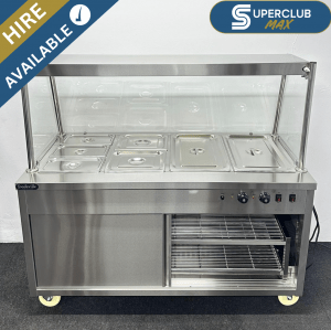 SuperClub MAX Hire: NEW Foodsville 4 x 1/1 GN Wet Well Glass-Fronted Bain Marie & Hot Cupboard With Heated Overgantry, On Wheels – Includes G/N Containers!